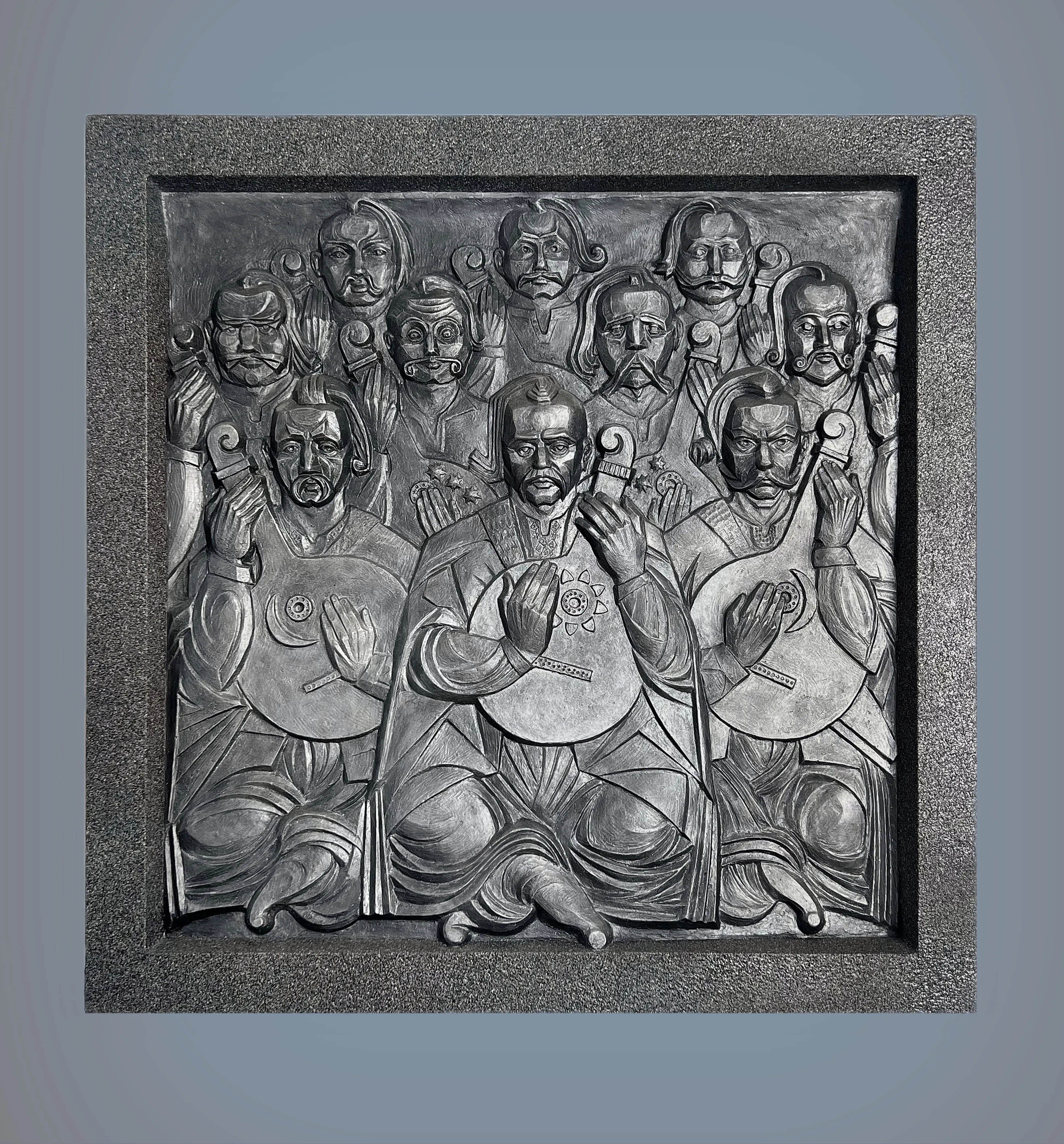 Image of RELIEF IN MEMORY OF EXECUTED KOBZARS by Roman Kykta, size: 580/580 мм, made of Plaster toned, wood, Sculpture Exhibition Plastic Art medium, from Lviv Photo 1 of 3.