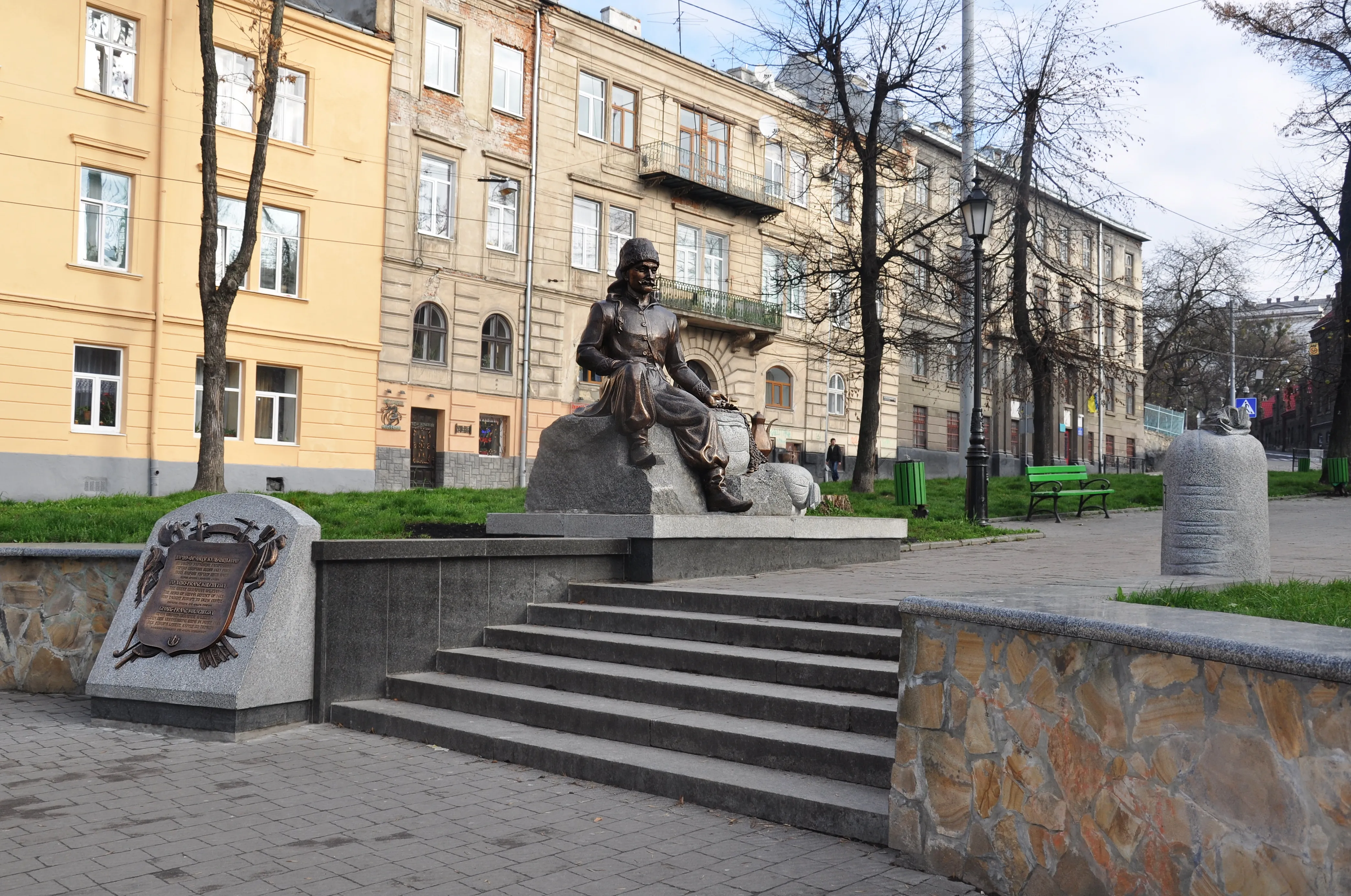 Image of Monument to "YURII-FRANTS KULCHYTSKYI" by Roman Kykta, made of Bronze, gabbro, Sculpture Monuments medium, from Danila Halytskoho square, Lviv Photo 1 of 6.