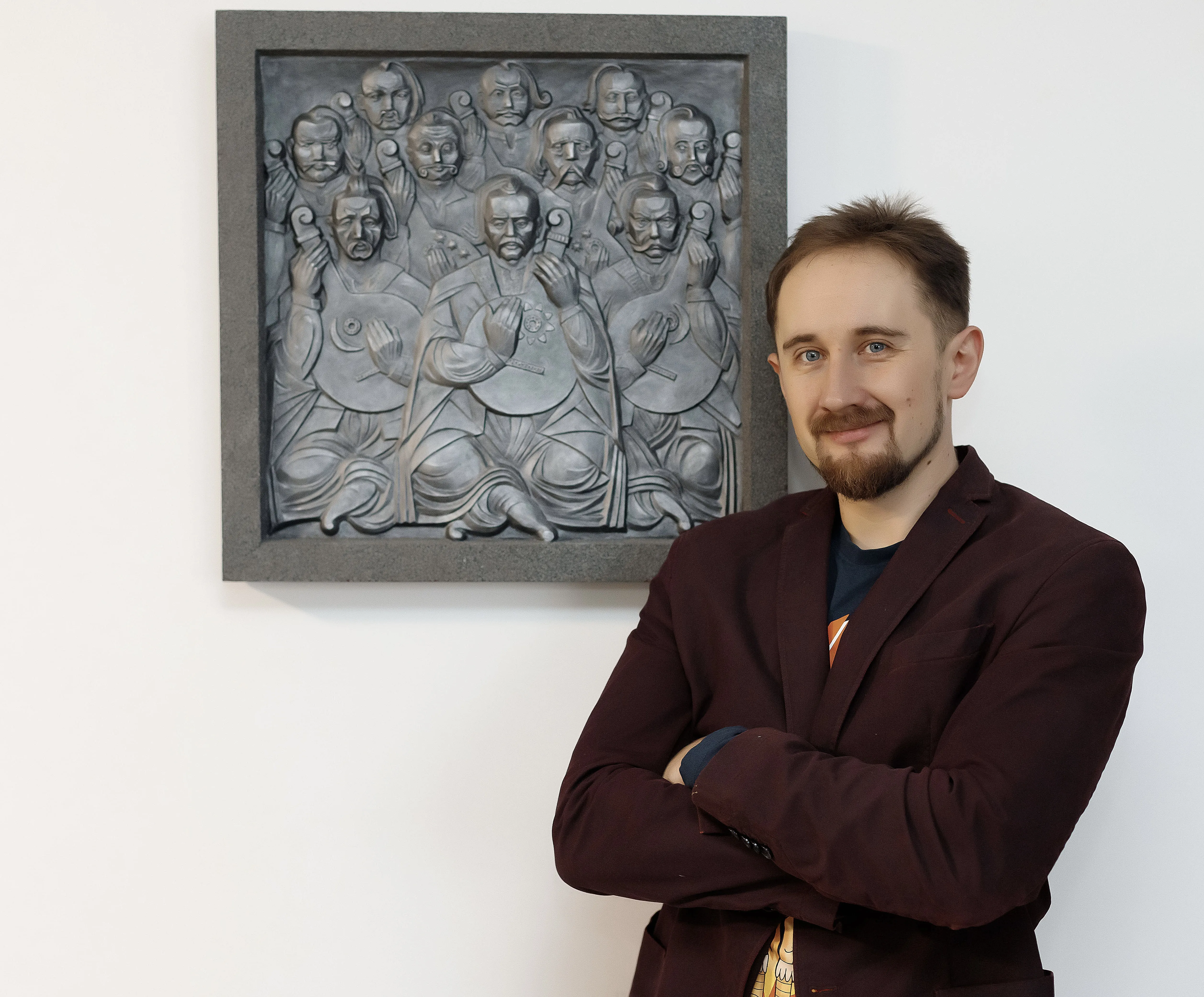 Image of RELIEF IN MEMORY OF EXECUTED KOBZARS by Roman Kykta, size: 580/580 мм, made of Plaster toned, wood, Sculpture Exhibition Plastic Art medium, from Lviv Photo 3 of 3.